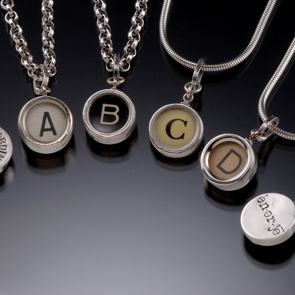 Authentic old typewriter keys set in silver. Click "Ask A Question" or "Convo"  Request your custom message on the back. Sold without chain