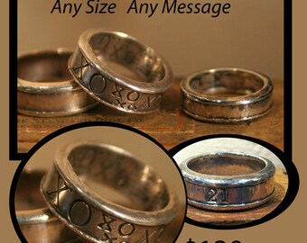 Chunky wide hand-hammered sterling silver ring. Any Size. Any message that will fit.