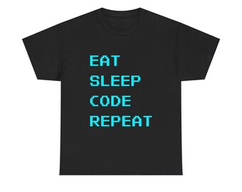 Koszulka z nadrukiem „Eat Sleep Code Repeat” | Koszulka programisty, tekst w stylu retro z pikselami