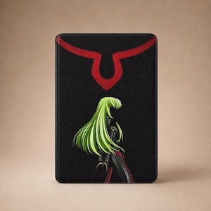 May include: A rectangular black protective case featuring a stylized graphic of a character with long, flowing lime green hair. Above the character is a bold, curved red line design. The case has a textured surface and rounded corners.
