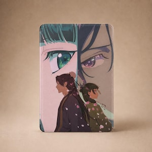 May include: A rectangular tablet case featuring an anime-style illustration of two figures standing back-to-back. The background displays large, close-up eyes in shades of green and purple, while pink flower petals drift across the entire surface.
