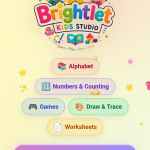 May include: A digital interface for Brightlet Kids Studio featuring a colorful logo with two children, a sun, and icons. Menu buttons include Alphabet, Numbers & Counting, Games, Draw & Trace, Worksheets, and a large button labeled Start Learning Journey.