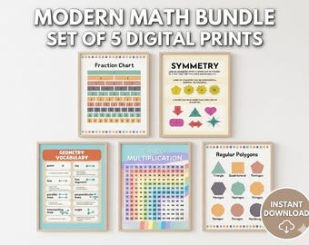 Lot d'affiches de mathématiques modernes, géométrie, fractions, table de multiplication, symétrie, polygones réguliers (téléchargement numérique)