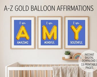 Cartes d'affirmation de l'alphabet | Décoration de classe pour enfants style ballon doré (téléchargement numérique)
