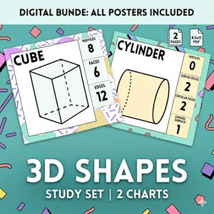 Posters med 3D-former, geometri | Egenskapstabeller för kub och cylinder (digital nedladdning)