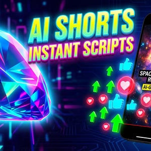Puede incluir: Un teléfono inteligente que muestra un video con temática espacial con el texto SPACE MYSTERIES REVEALED AI-GENERATED, junto a un gran diamante brillante azul y morado, con flechas verdes y corazones rojos flotantes sobre un fondo digital oscuro.