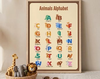 Affiche alphabet animaux, décoration de chambre d'enfant éducative ABC Safari (téléchargement numérique)