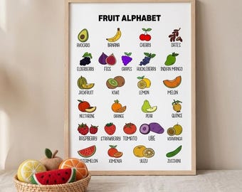Affiche alphabet fruits, art mural ABC éducatif, impression chambre d'enfant (téléchargement numérique)
