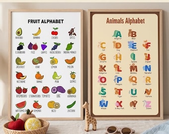 Affiches alphabet fruits et animaux, impressions ABC éducatives (téléchargement numérique)