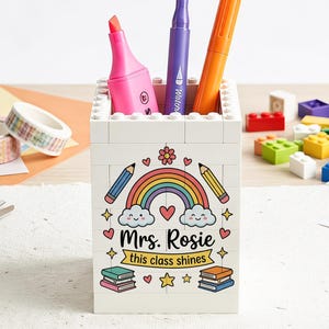 Personalized Rainbow Teacher Building Block Pen Holder, Custom Name This Class Shines Pencil Pot, Teacher Appreciation Desk Gift