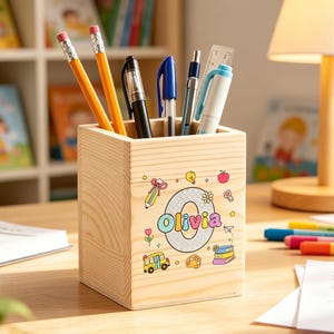 Personalized Wooden Pen Holder, Custom Name Pencil Cup, Colorful Initial Desk Organizer, Back to School Gift for Kids, Student Desk Decor