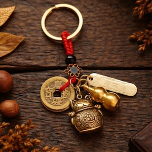 Vintage Feng Shui Lucky Cat Keychain, Chinese Coin Charm Keyring, Red String Knot Amulet, Wealth Prosperity Gift, Car Bag Pendant