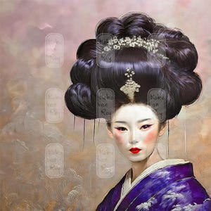 Op de afbeelding: Een digitale schildering van een vrouw in traditionele Japanse kledij. Ze heeft donker haar in een uitgebreide updo, versierd met een bloemenkroon en juwelen accenten. Haar gezicht heeft rode lippen, blush en dramatische make-up. Ze draagt een paarse kimono.