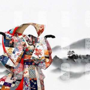 May include: A colorful kimono with a patchwork design, featuring red, blue, and floral patterns. The artwork depicts a figure with black arms against a backdrop of a misty mountain landscape. The artist's name, Koka van Roy, is visible.