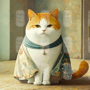 May include: A regal-looking cat with orange and white fur, wearing a teal and floral patterned garment. The cat is sitting upright, with a serious expression. The image has a soft, artistic style.