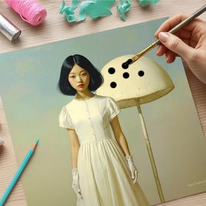 Puede incluir: Ilustración artística de una mujer con un vestido color crema debajo de un objeto con forma de hongo. Una mano con un pincel está agregando puntos negros al hongo. Suministros de arte, incluyendo tubos de pintura, purpurina y lápices, rodean la obra de arte.