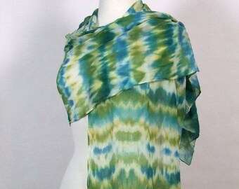 Sheer Silk Chiffon Shawl, Wrap, Hand Dyed Shibori, Mult-Color Boho, Pear Green, Teal Blue, 18" x 72"