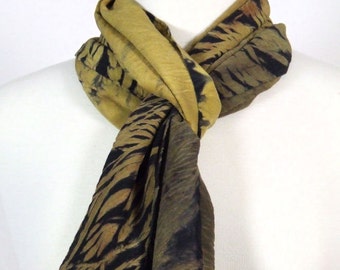 Long Scarf Silk Crepe, Hand Dyed Shibori, Gold Ombre Black, Ancient Relic Collection, Ready to Ship