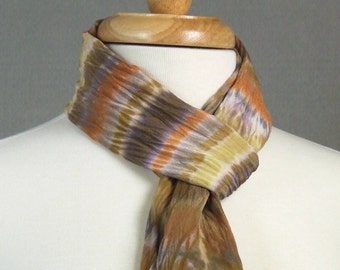 Silk Scarf Hand Dyed Shibori, Boho Autumn Stripe, Pumpkin Toffee Gold Brown, Crepe de Chine, Ready to Ship