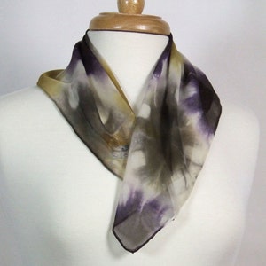 Hand Dyed Silk Bandana, Camo Influenced, Silk Chiffon, Itajime Shibori, Gold Brown Purple Khaki Green