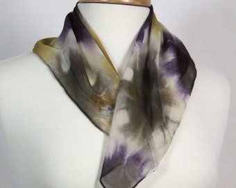 Hand Dyed Silk Bandana, Camo Influenced, Silk Chiffon, Itajime Shibori, Gold Brown Purple Khaki Green