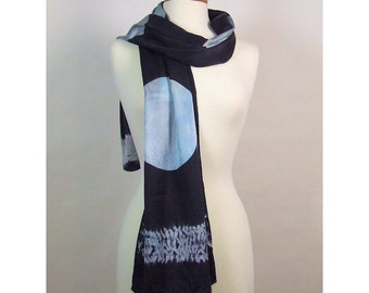 Hand Dyed Shibori Silk Scarf, Extra Long, Black w Light Blue Moon and Water Ripple Stripes