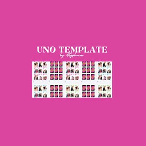 Pode incluir: Um fundo rosa choque com as palavras "UNO TEMPLATE" em branco. Abaixo, várias fileiras de cartas UNO com fotos. O texto "by @Typhnnar" está abaixo da palavra "TEMPLATE".