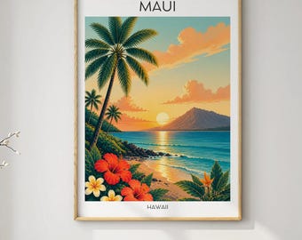 Maui Hawaii Poster – Tropical Beach Sunset | Vintage Travel Art Wall Decor