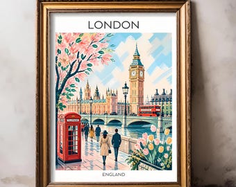 London Poster with Big Ben & red telephone box – Elegant art print full of British charm and urban flair