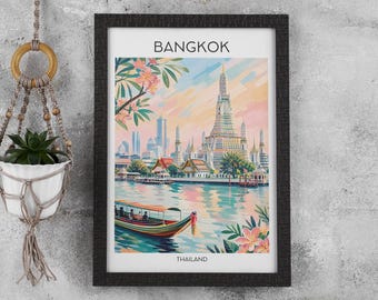 Bangkok poster with temples & river scenery – Exotic art print full of Asian flair and tropical elegance