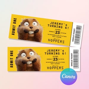 Könnte beinhalten: Zwei gelbe Tickets mit einem Cartoon-Gopher und dem Text "JEREMY'S TURNING 6!". Jedes Ticket lautet "ADMIT ONE" und "SINGLE TICKET". Die Tickets enthalten Datum, Uhrzeit und Ort der Veranstaltung. Die Tickets sind für "HOPPERS".