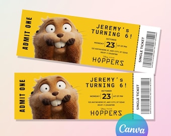 Editable Hoppers Movie Ticket Stub, Animated Animals Beaver Party Favor, Kids Printable Cinema Birthday Admission, Digital Canva Template