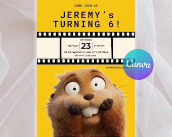 Hoppers Movie Viewing Birthday Invitation, Animated Animals Beaver Party Invite, Kids Cinema Watchalong Night Invite, Digital Canva Template