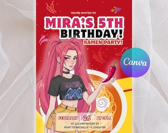 K-pop Demon Hunters Mira Ramen Birthday Invitation, Kpop Huntrix Editable Canva Template, Personalized Printable Party Event Invite Digital