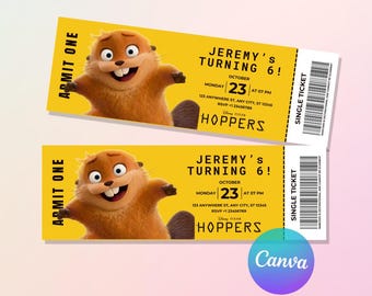 Editable Hoppers Movie Ticket Stub, Animated Animals Beaver Party Favor, Kids Printable Cinema Birthday Admission, Digital Canva Template