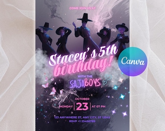 Printable Saja Boys K-Pop Boy Group Birthday Invitation, Personalized Dark KPop Demon Hunter Invite, Editable Black pink Canva Template