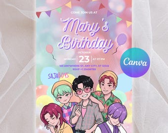 Editable Saja Boys K-Pop Boy Group Birthday Invitation, Kpop Demon Hunters, Print Party Invite, Soft Rainbow Pastel Poster, Canva Template