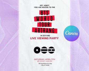 BTS World Tour Arirang in Goyang Tokyo Live Viewing Party Invitation, ARMY Concert Watch Invite, K-pop Event Digital Canva Template
