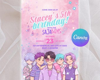 Printable Saja Boys K-Pop Group Birthday Invitation, Kpop Demon Hunters, Editable Party Invite, Soft Aesthetic Pastel Poster, Canva Template