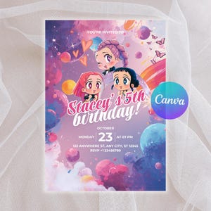 Editable KPop Demon Hunters Birthday Invitation, Huntrix Golden Party Invite, Pink Star Chibi Anime Art, Rumi Mira Zoey Saja Boys Template