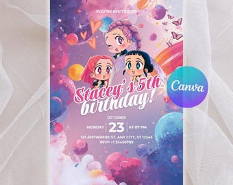 Editable KPop Demon Hunters Birthday Invitation, Huntrix Golden Party Invite, Pink Star Chibi Anime Art, Rumi Mira Zoey Saja Boys Template