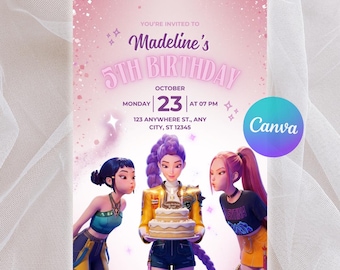 Editable KPop Demon Hunters Birthday Cake Invitation, Pastel Huntrix Golden Party Invite, Pink Star Pop Star Poster, Rumi Mira Zoey Derpy