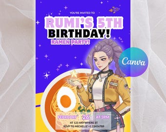 K-pop Demon Hunters Rumi Ramen Birthday Invitation, Kpop Huntrix Editable Canva Template, Personalized Printable Party Event Invite Digital