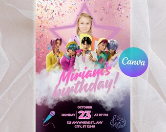 Printable Saja Boys K-Pop Group Birthday Invitation With Photo, Kpop Demon Hunters, Editable Soft Pastel Party Invite, Canva Template Poster