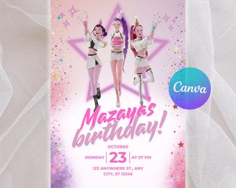 KPop Demon Hunters Birthday Invitation, Huntrix Golden Party Invite, Pink Star Pop Star, 3D Anime Style Invitation, Rumi Mira Zoey Derpy