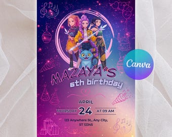 Kpop Demon Hunters Golden Birthday Invitation, Purple Huntrix Editable Canva Template, Personalized Printable Party Event Invite Digital