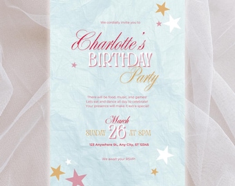 気まぐれなパステルカラーの星柄パーティー誕生日招待状、ベビーシャワー招待状、ソフトな女の子と男の子の青とピンクの夢のような美学、デジタルキャンバステンプレート