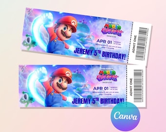 Super Mario Galaxy Movie Ticket Stub, Movie Night Party Favor, Toad Admission, Kids Printable Cinema Birthday Entry, Digital Canva Template