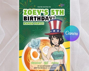 K-pop Demon Hunters Zoey Ramen Birthday Invitation, Kpop Huntrix Editable Canva Template, Personalized Printable Party Event Invite Digital