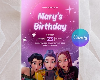 Printable K-pop Demon Hunters Galaxy Birthday Invitation, Purple Kpop Huntrix Editable Canva Template, Personalized Party Invite Digital